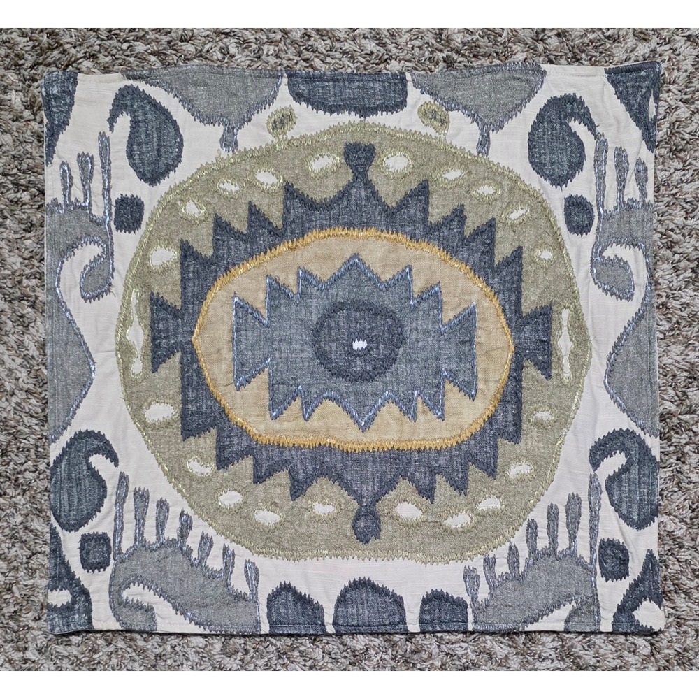 Pottery Barn 20x20 Embroidered Suzani Medallion Pillow Cover Gray Gold Metallic